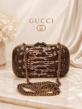 Authentic Gucci Broadway Snakeskin Clutch Crossbody Bag Bronze Gold Chain New